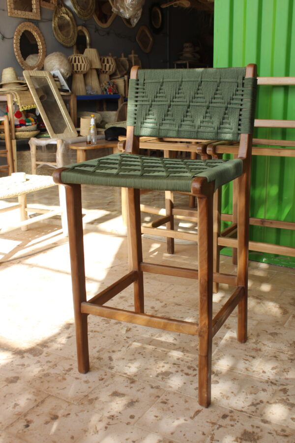Handcrafted High Chair in Wood and Woven Green Cord