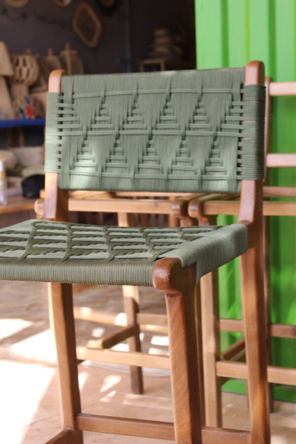Handcrafted High Chair in Wood and Woven Green Cord - Image 5