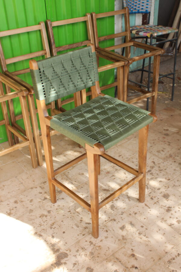 Handcrafted High Chair in Wood and Woven Green Cord - Image 4