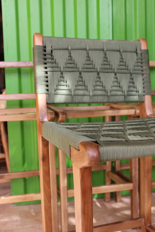 Handcrafted High Chair in Wood and Woven Green Cord - Image 3