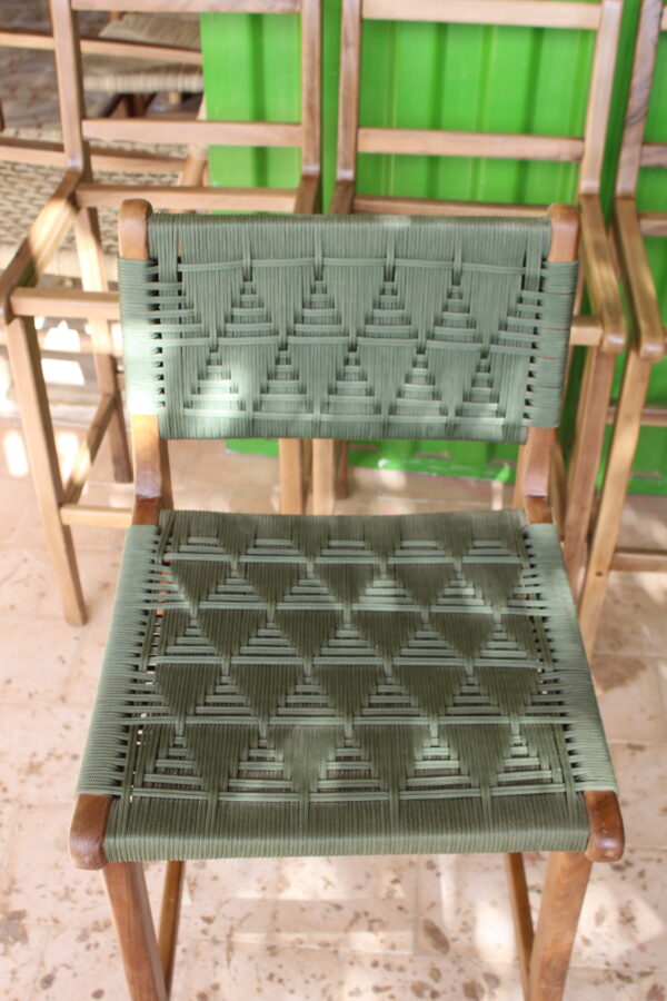 Handcrafted High Chair in Wood and Woven Green Cord - Image 2